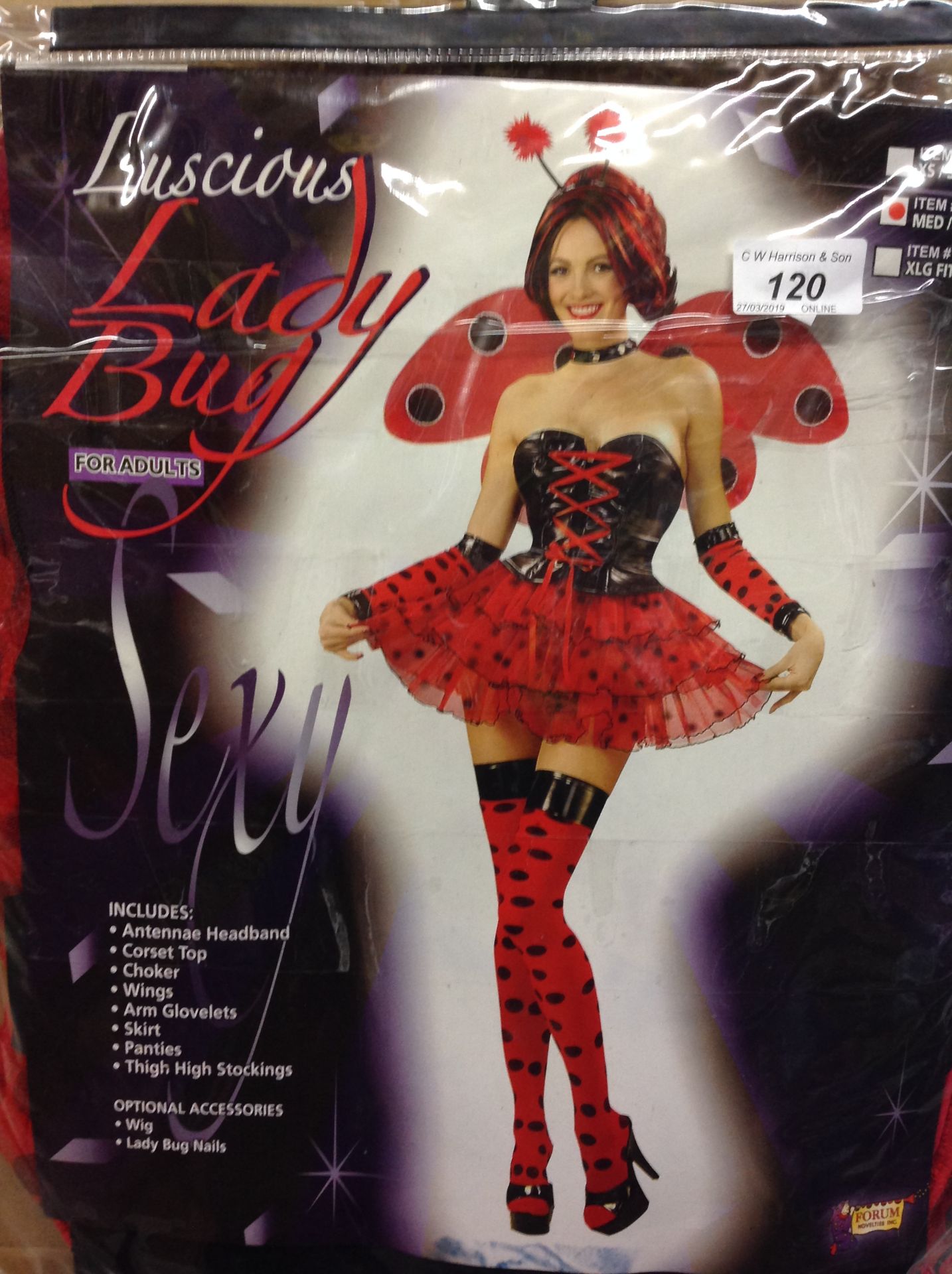 25 x adult luscious lady bug costumes by Forum Novelties Inc size M-L - please note blue crates are