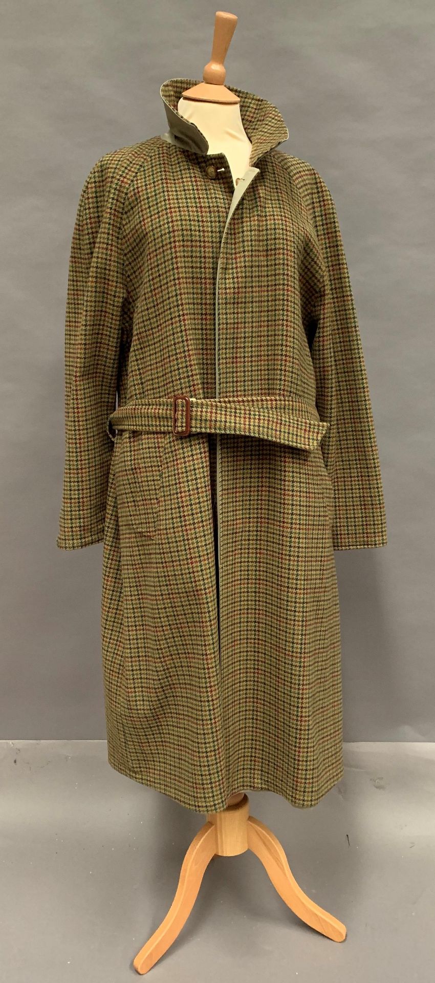 Gentleman's Italian reversible brown check/gabardine long coat in wool and cashmere by Reverso