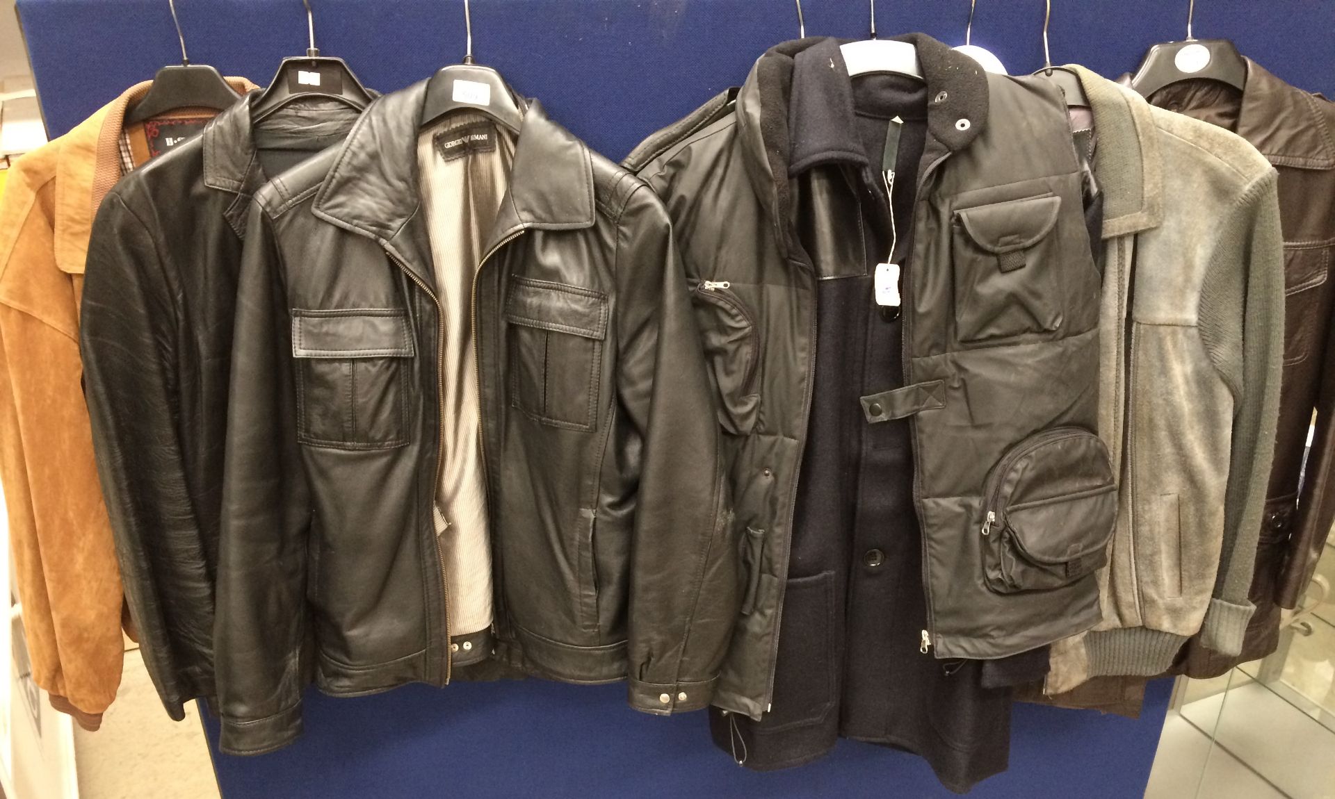 A collection of 8 gentleman's mainly leather jackets including a Giorgio Armani - no size shown