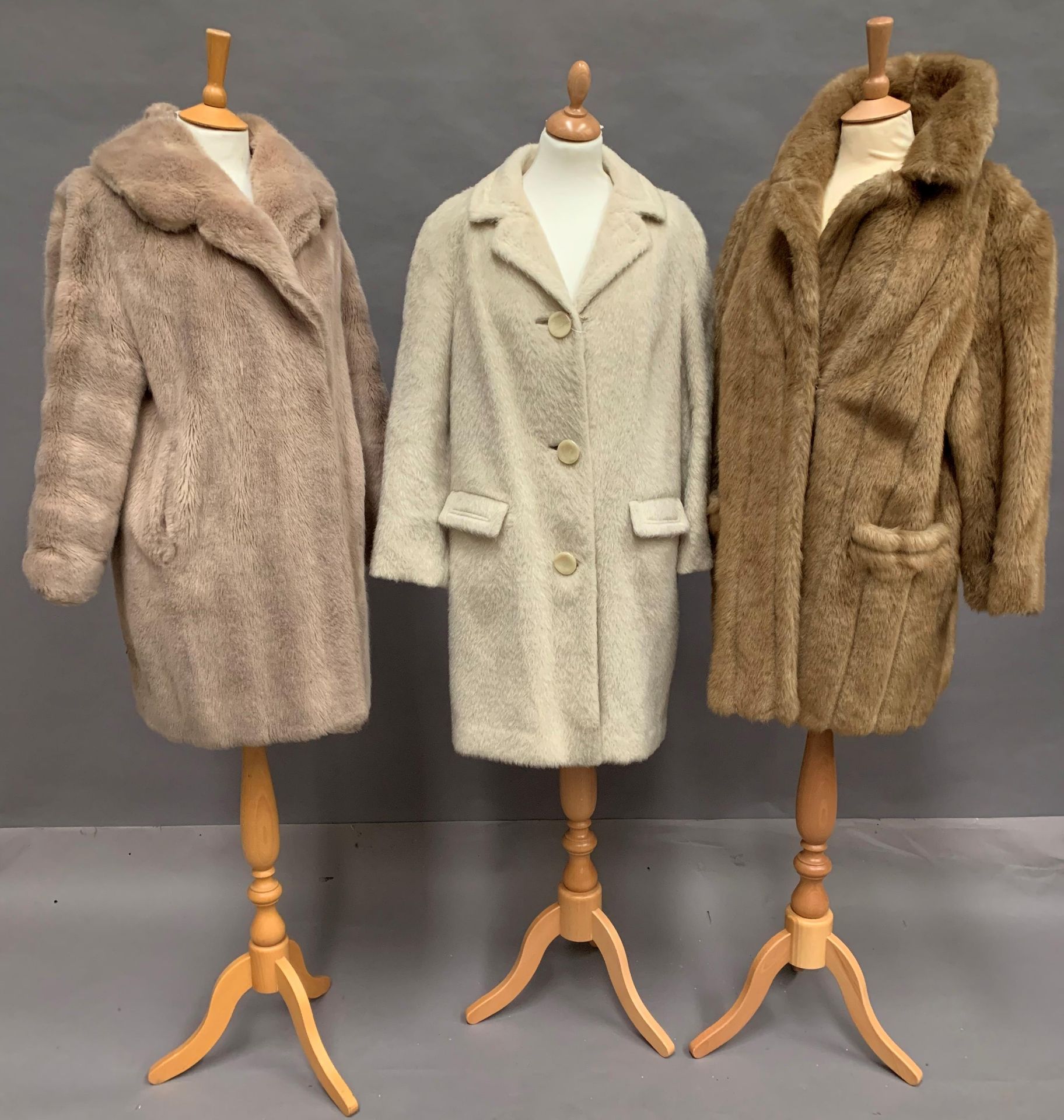 Lady's cream coat and 2 faux fur coats