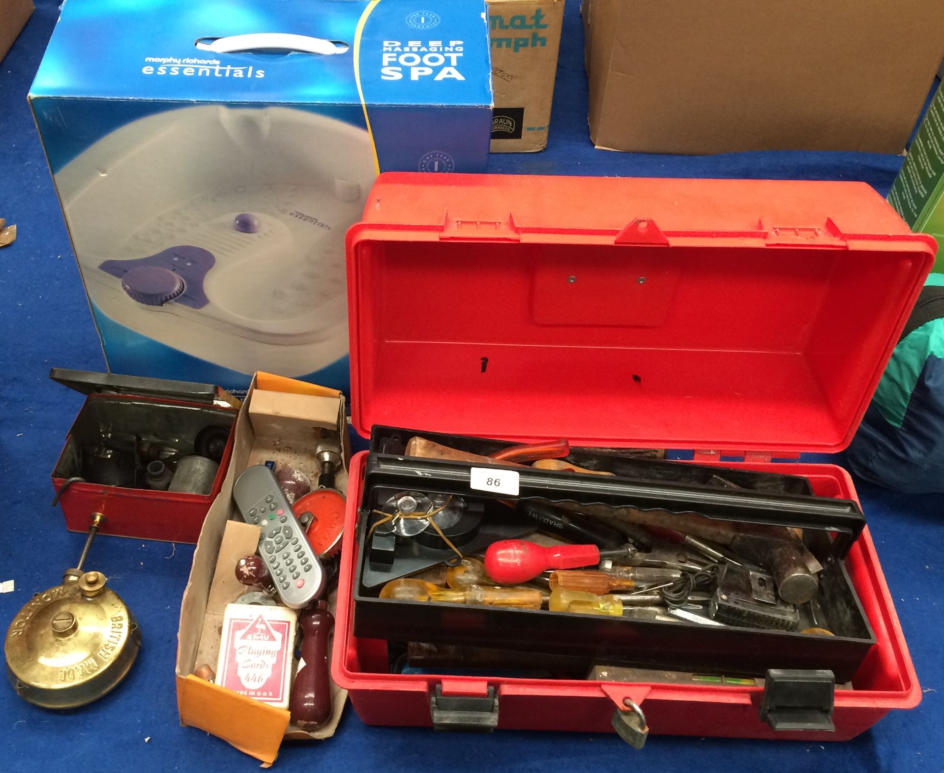 Plastic toolbox and contents - hammers. screwdrivers, spanners, sockets, etc.