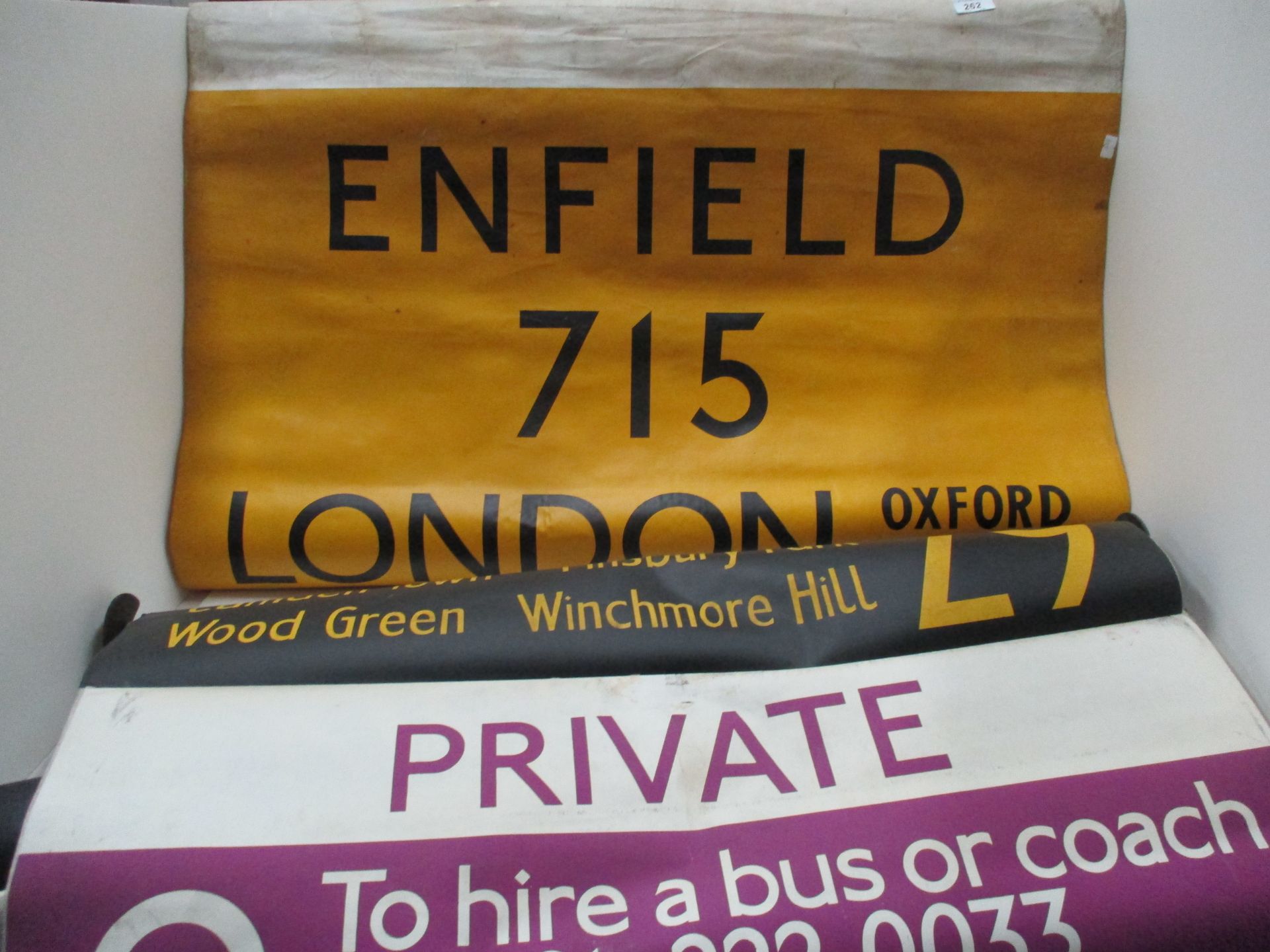 Three London bus roll down destination blinds,