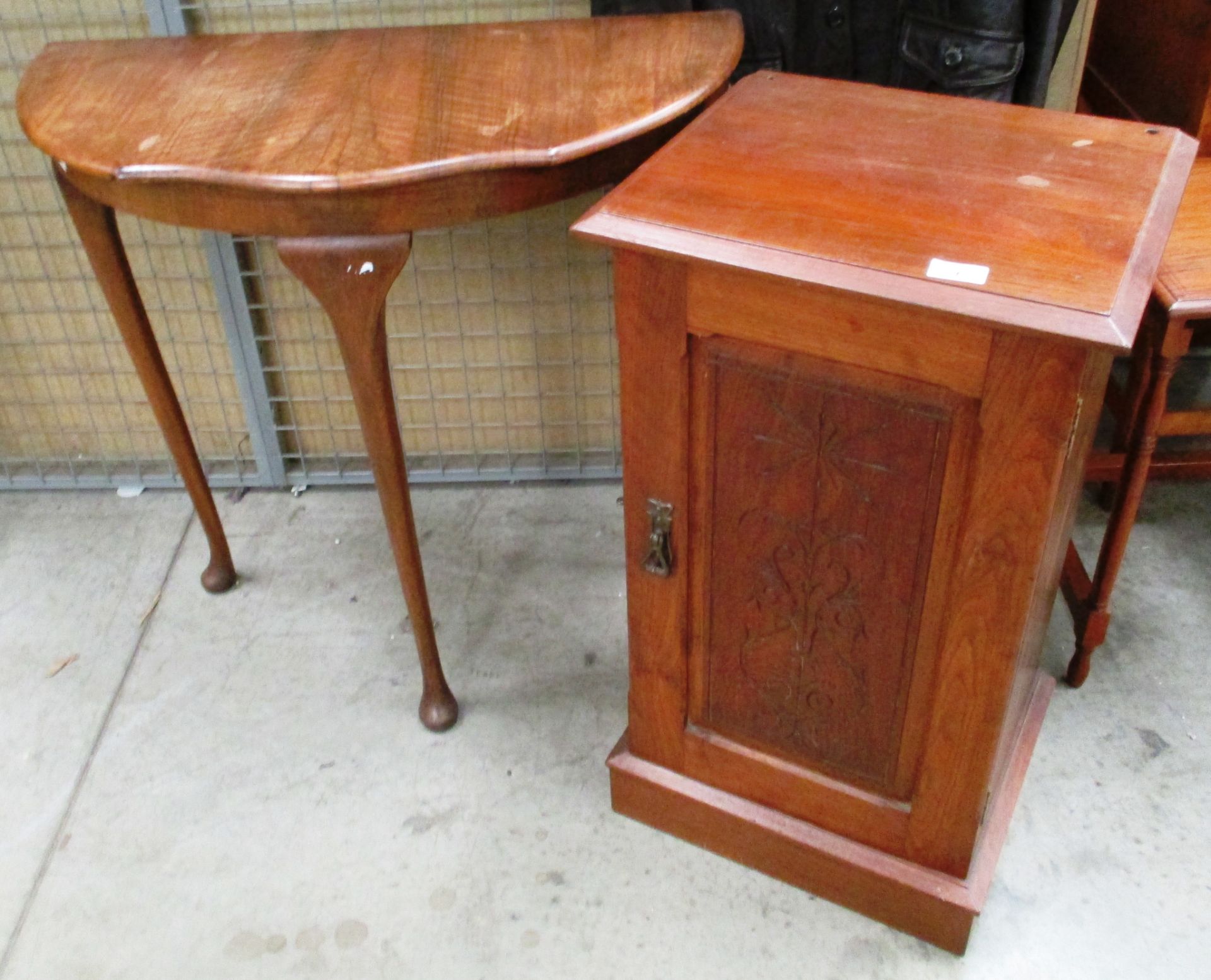 Walnut half moon hall table and a mahogany single door bedside cabinet (2)