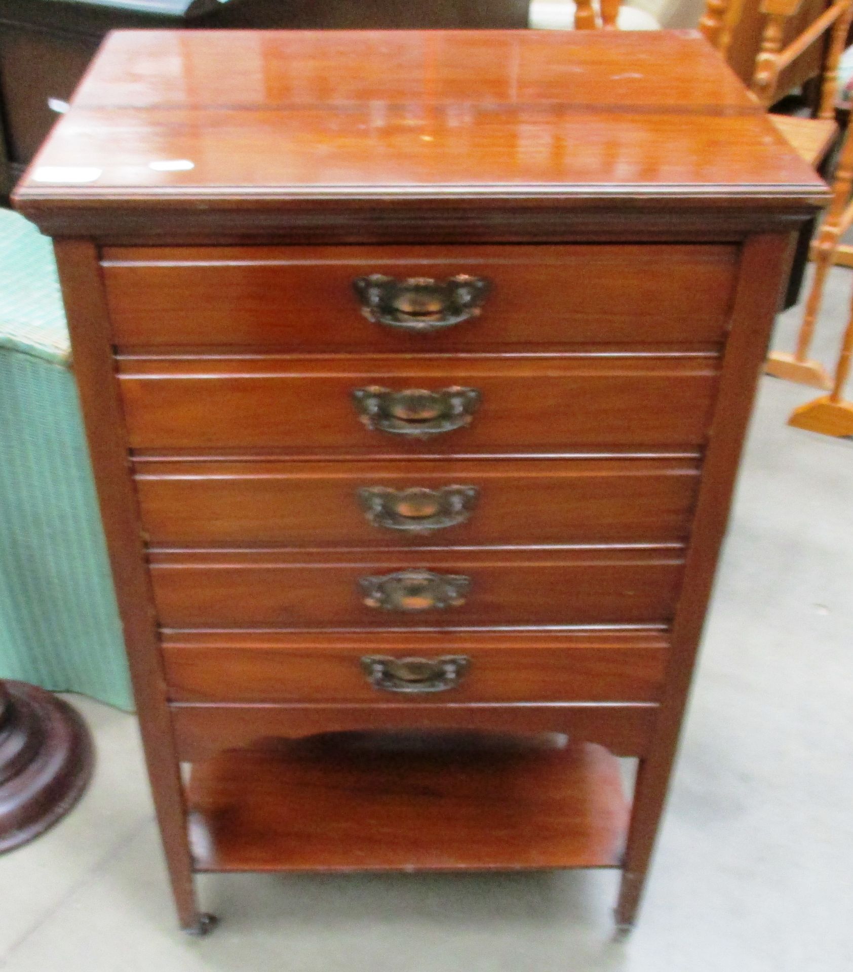 An Edwardian mahogany 5 drawer music cabinet with under tray 50 x 84cm high