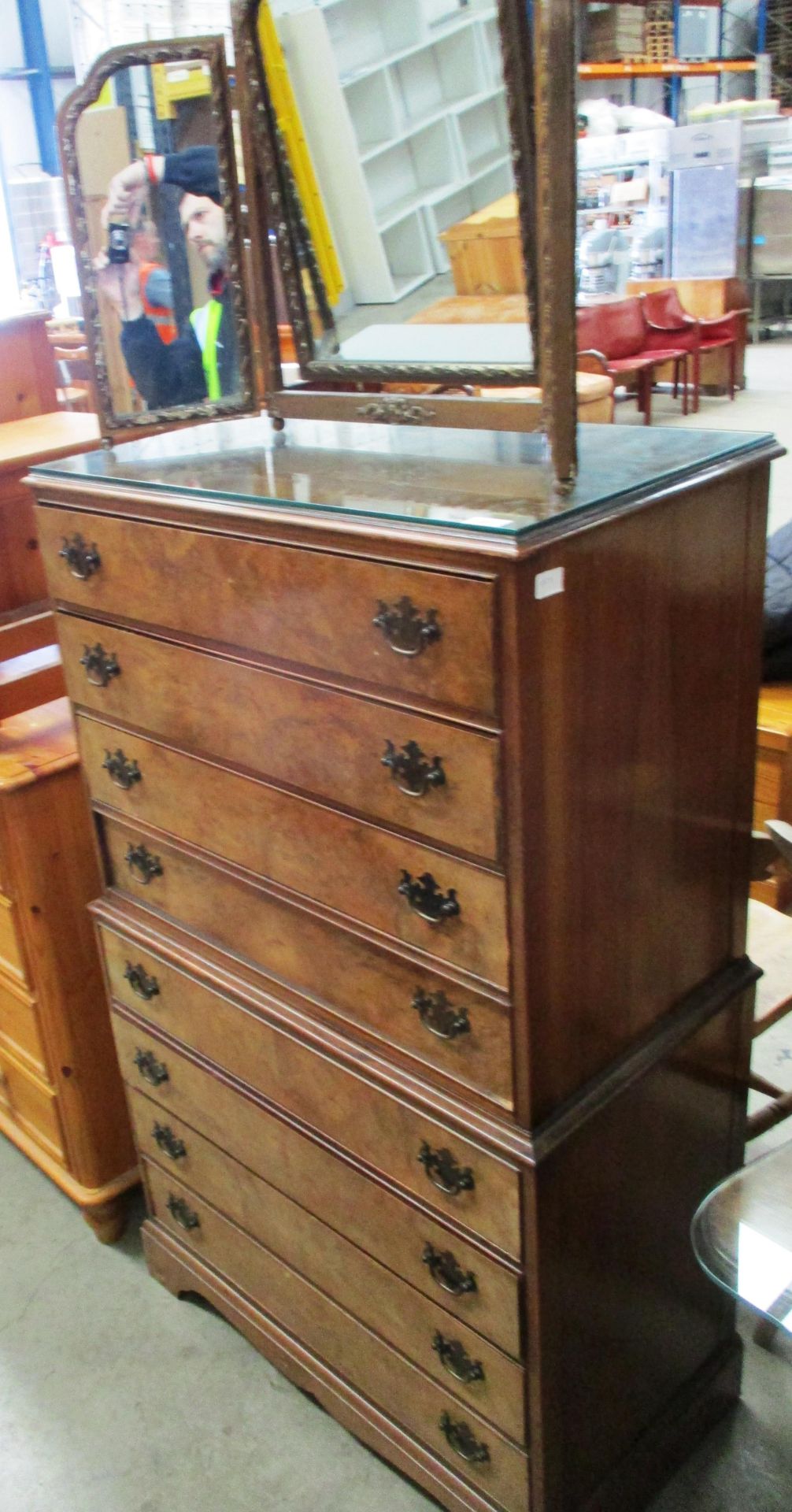 A walnut 8 drawer tall boy 78 x 135cm high complete with a non-matching gilt framed dressing table