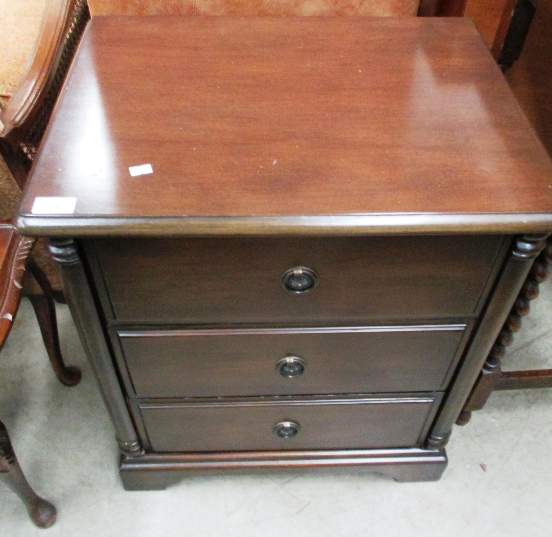 Mahogany finish 3 drawer bedside cupboard