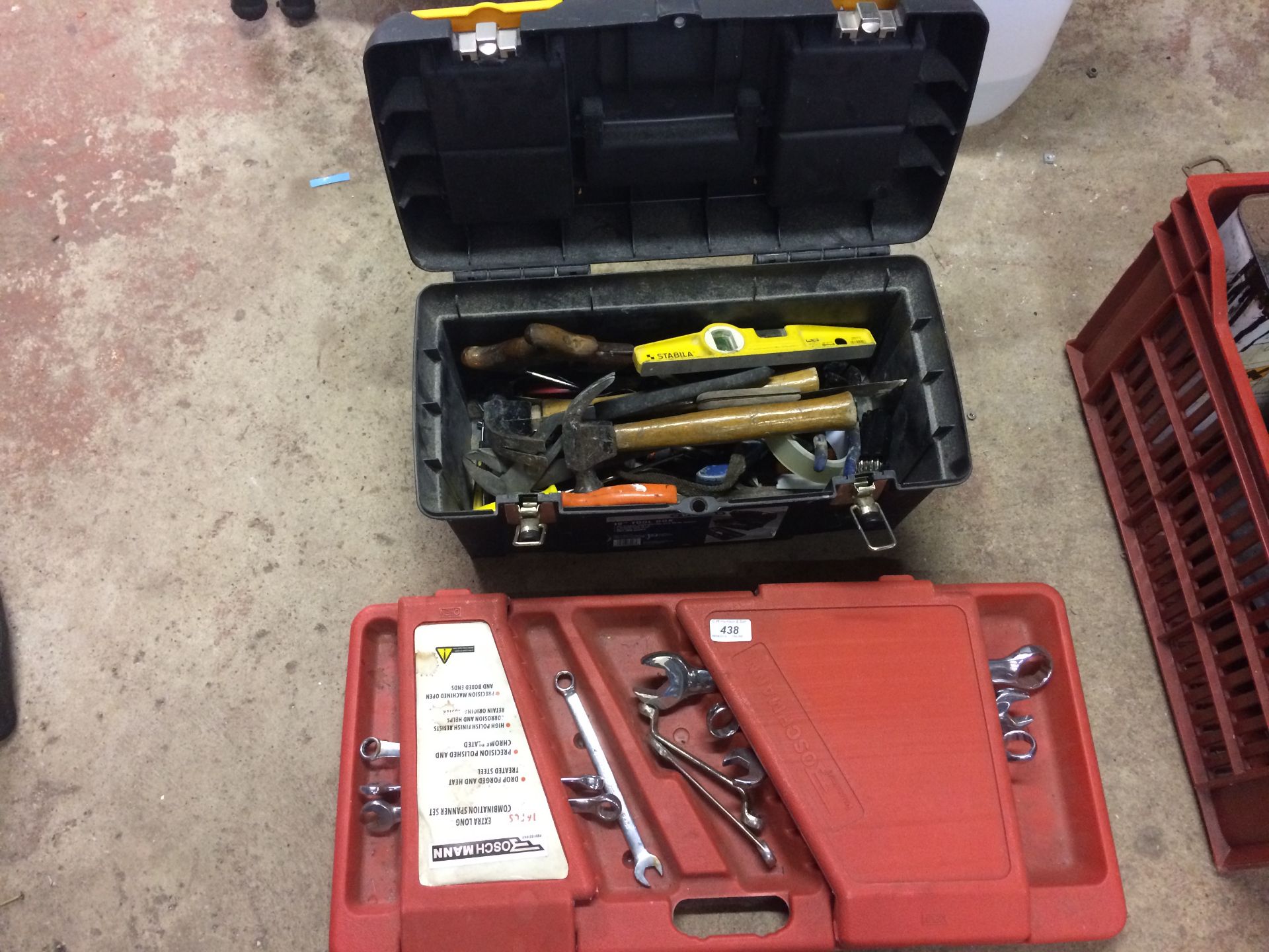 A Wickes tool box and contents - hammer, wood saw,