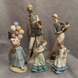 Four Lladro and one Nao figure - balloon carrier, two dancing children,