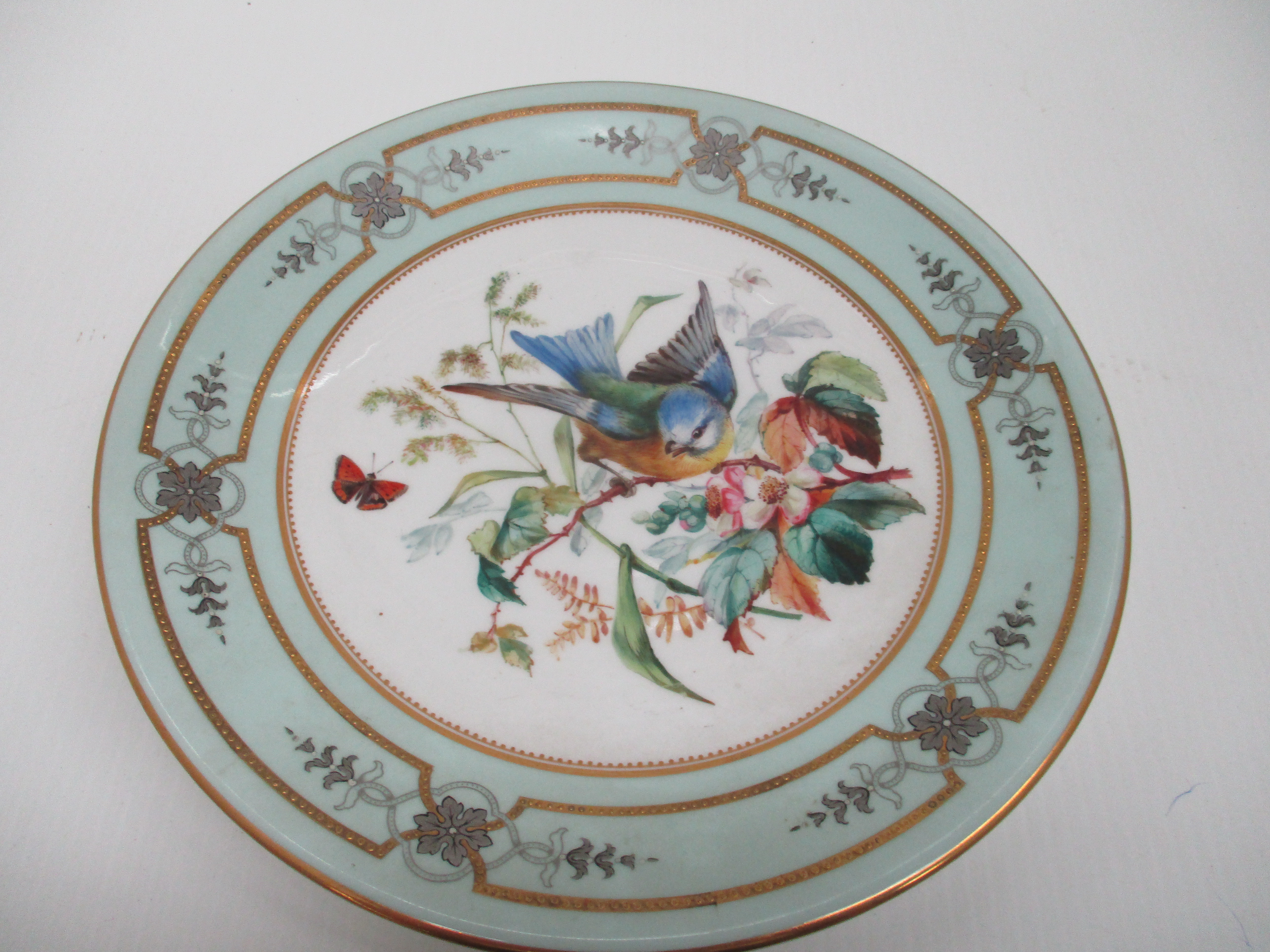 Five Royal Worcester plates depicting birds, light green borders with gilt decoration, - Image 9 of 18