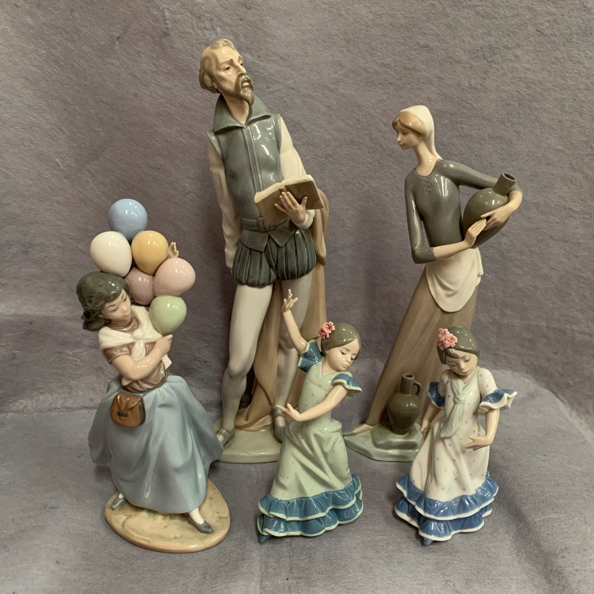 Four Lladro and one Nao figure - balloon carrier, two dancing children, - Image 2 of 6