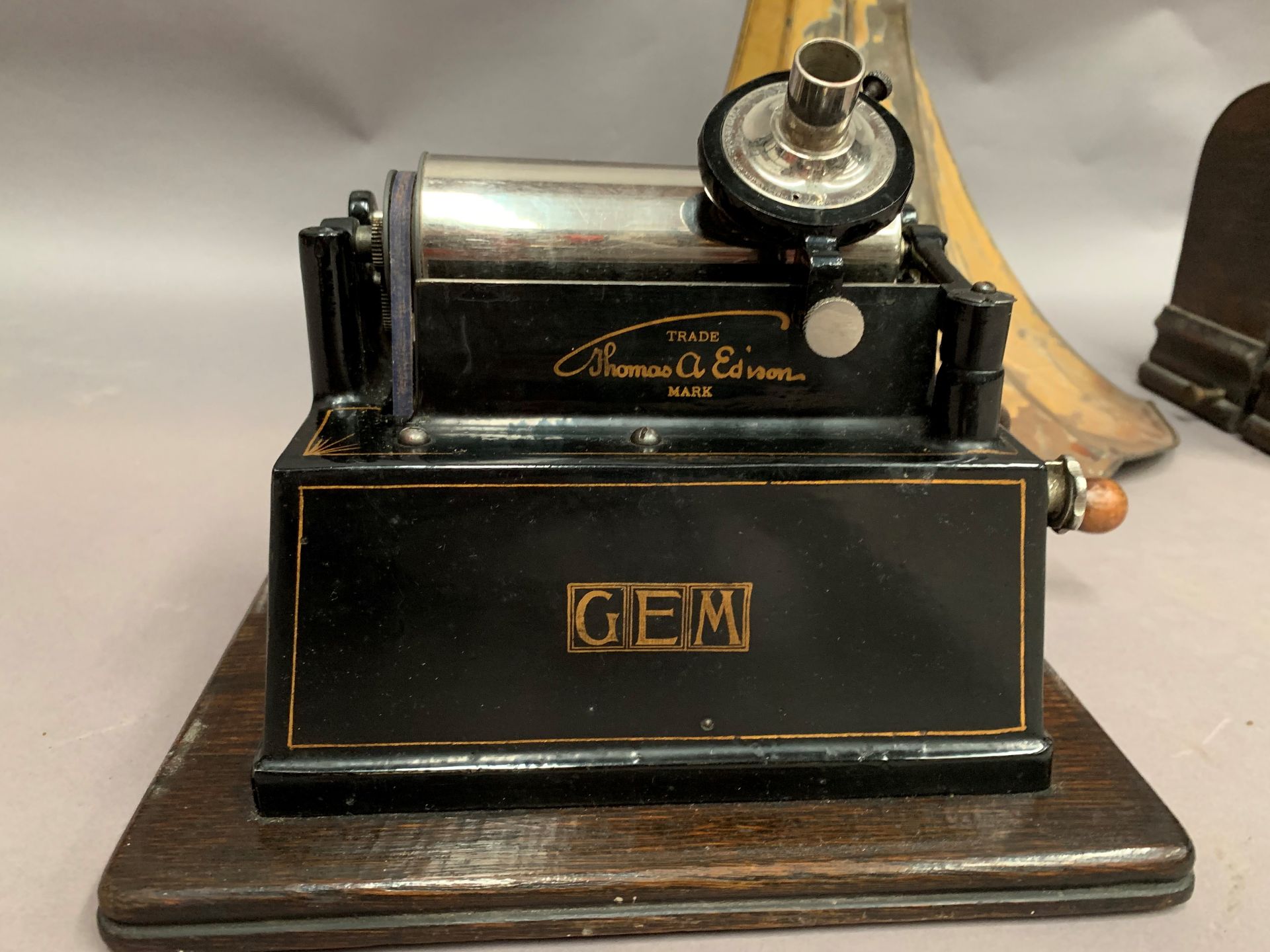 An Edison Gem table top phonograph c/w wooden case and horn, - Image 2 of 8