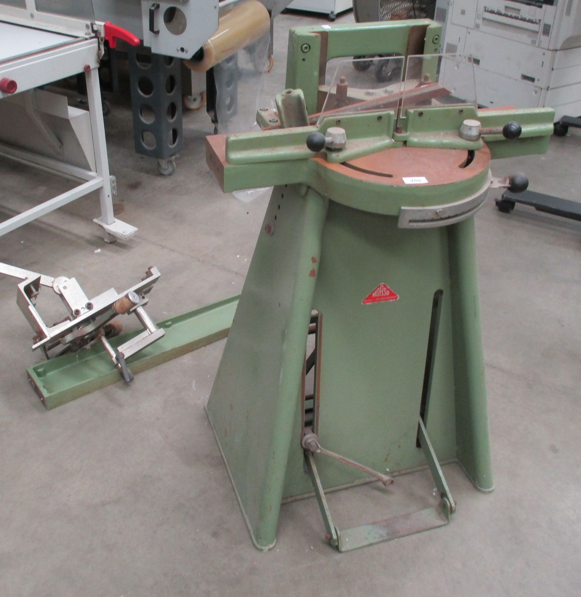 A Morso foot operated Mitre cutting machine complete with attachment and feed table