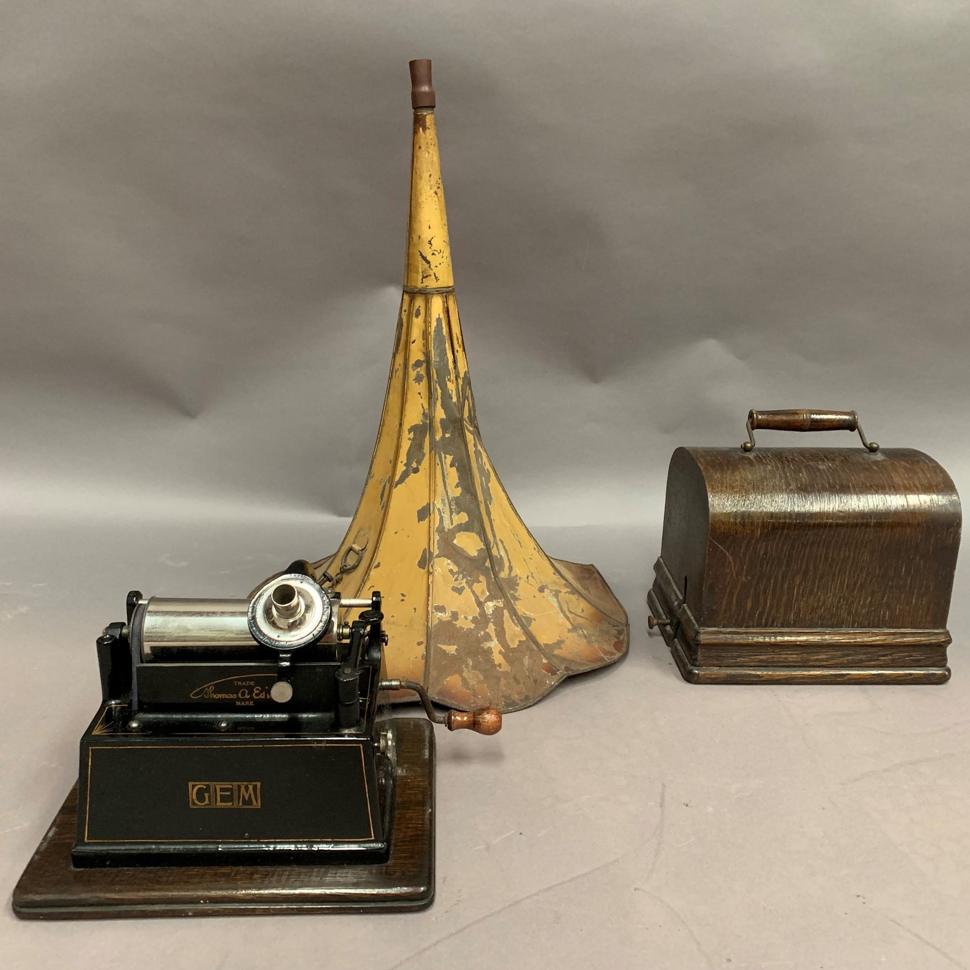 An Edison Gem table top phonograph c/w wooden case and horn,