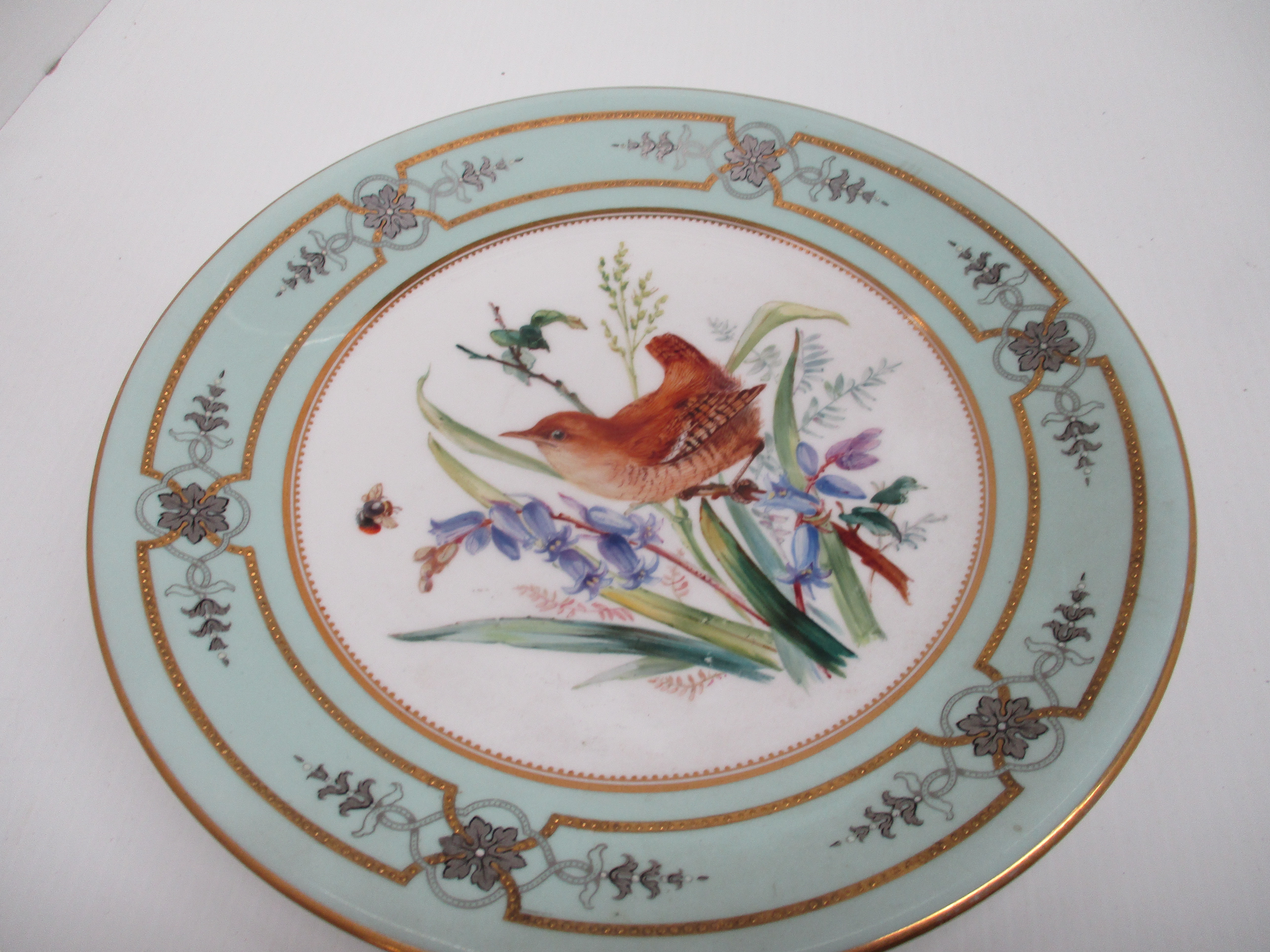 Five Royal Worcester plates depicting birds, light green borders with gilt decoration, - Image 15 of 18