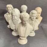 Six plaster busts of composers including Beethoven, Chopin,