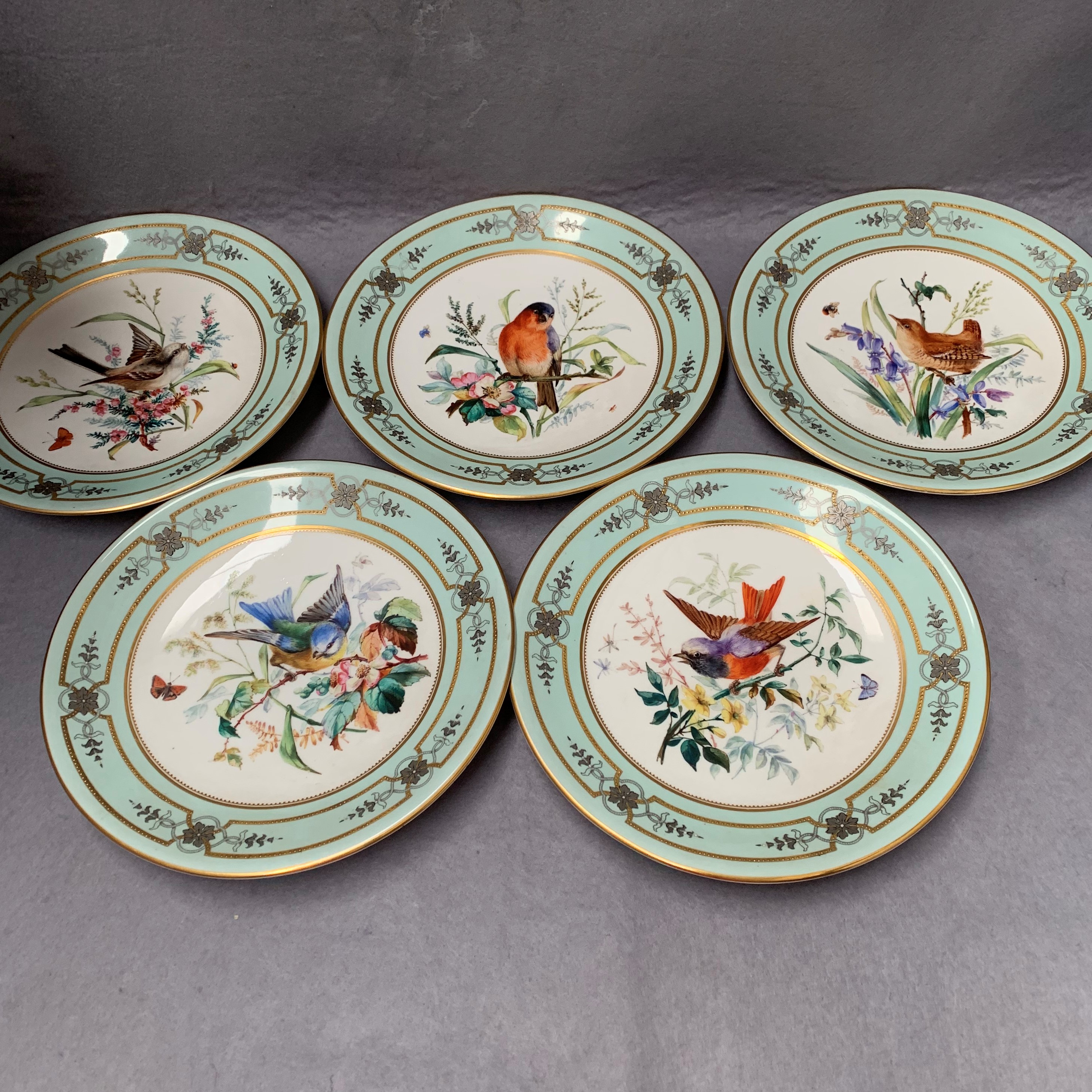 Five Royal Worcester plates depicting birds, light green borders with gilt decoration,