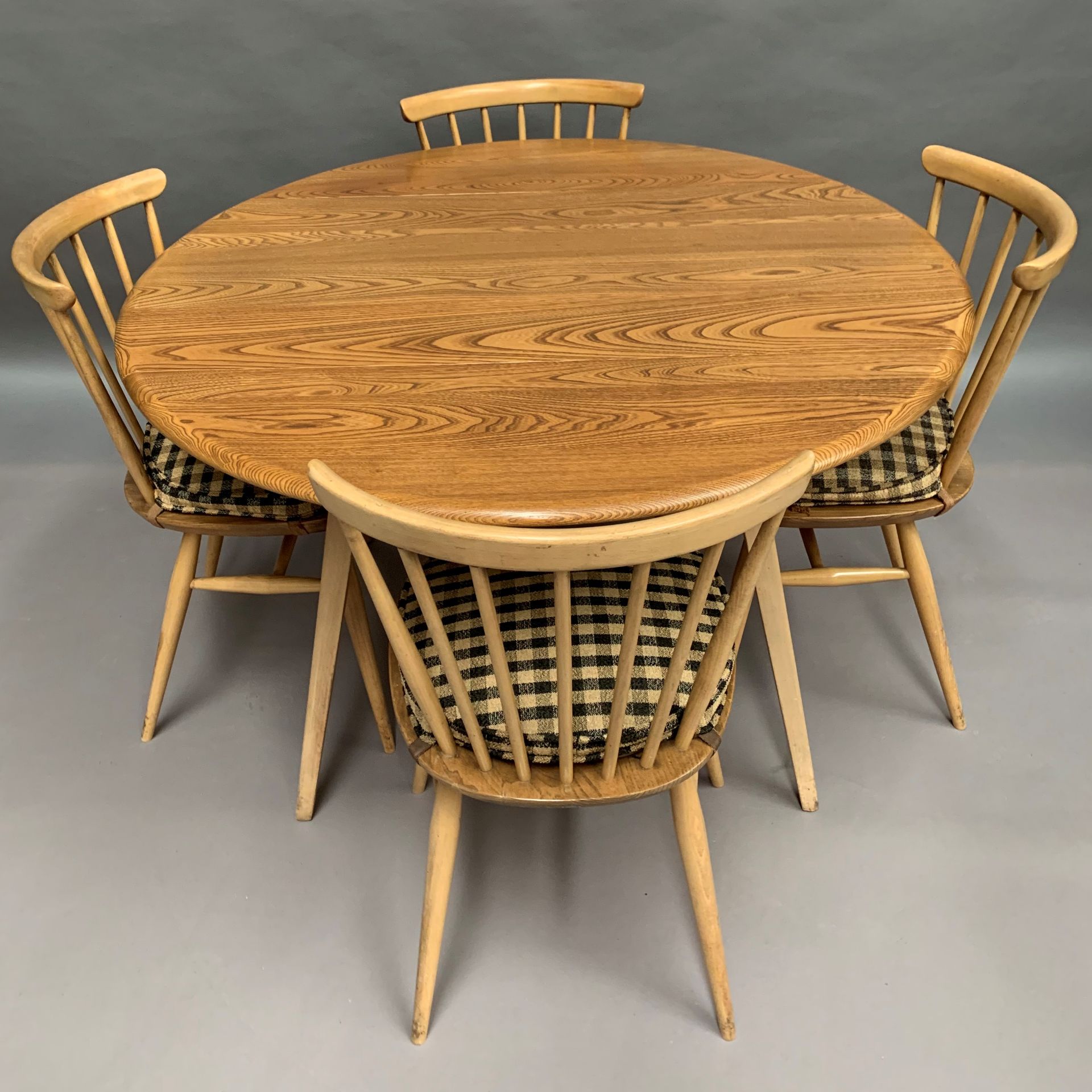 An Ercol blonde elm drop leaf dining table 113 x 125cm extended together with four Ercol stick back - Image 3 of 3