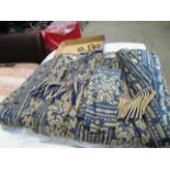 A pair of blue and gold patterned curtains with linings each approx 190 x 280cm drop complete with