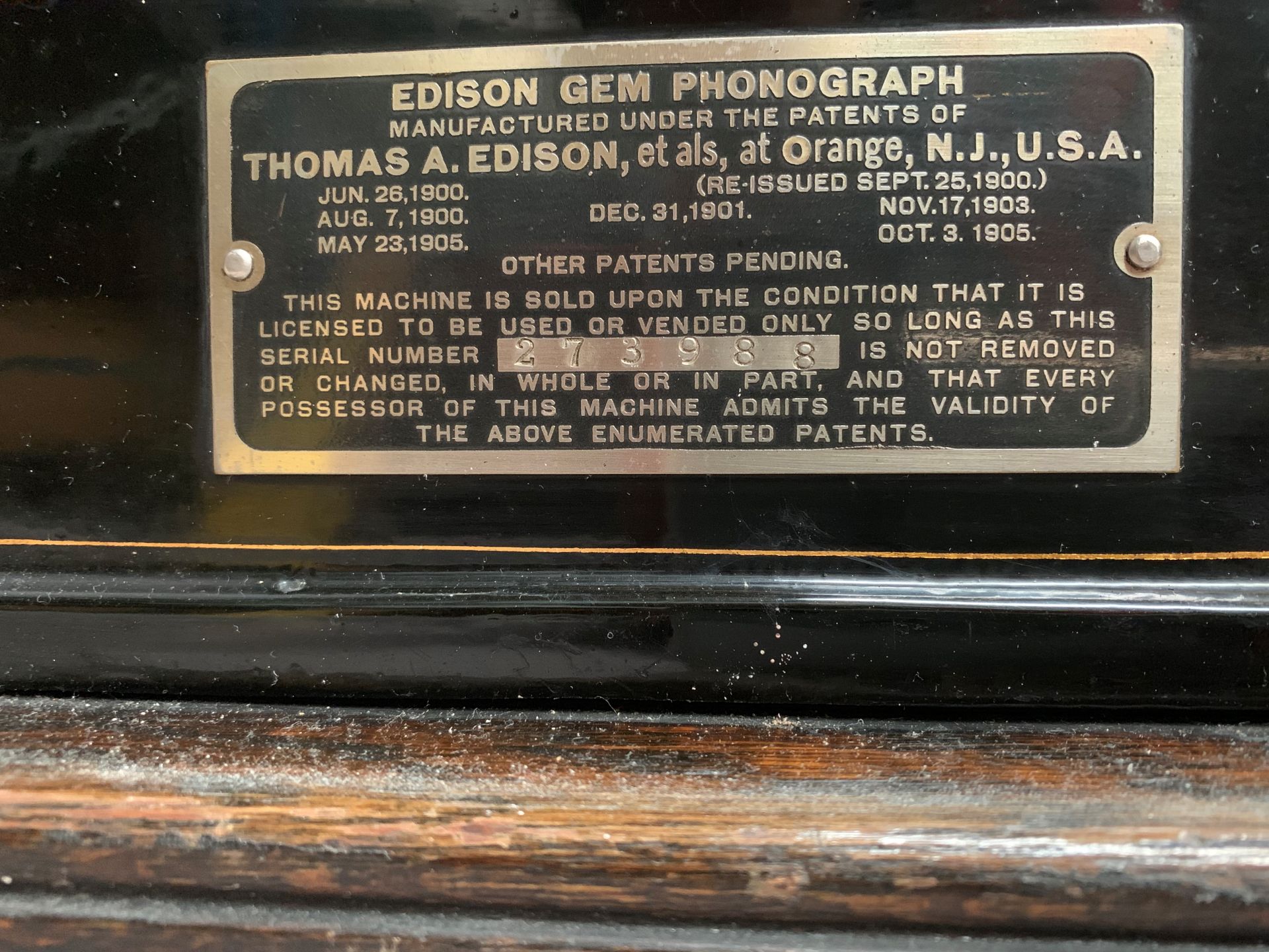 An Edison Gem table top phonograph c/w wooden case and horn, - Image 3 of 8