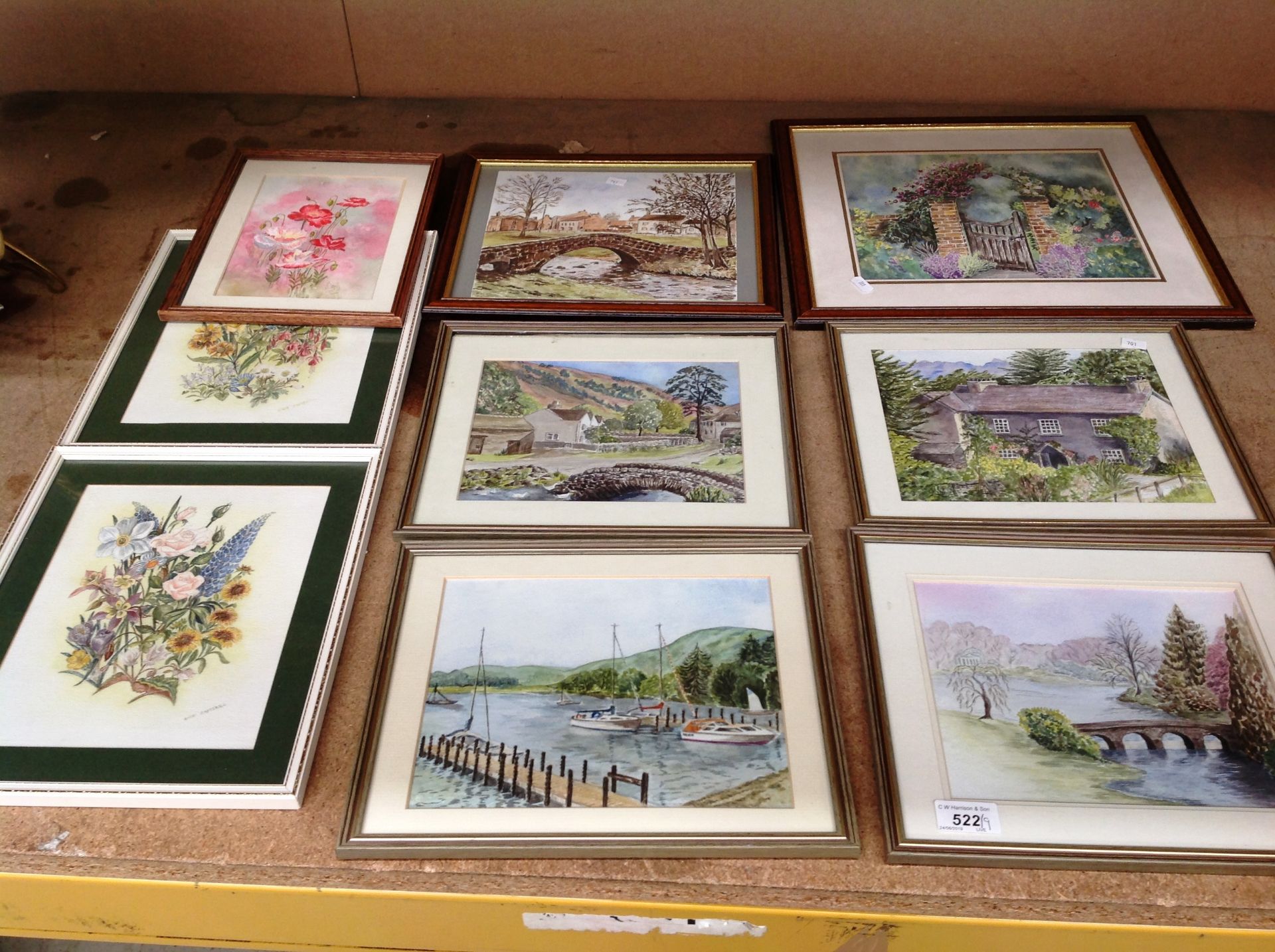 Nine small framed watercolours countryside scenes and flowers