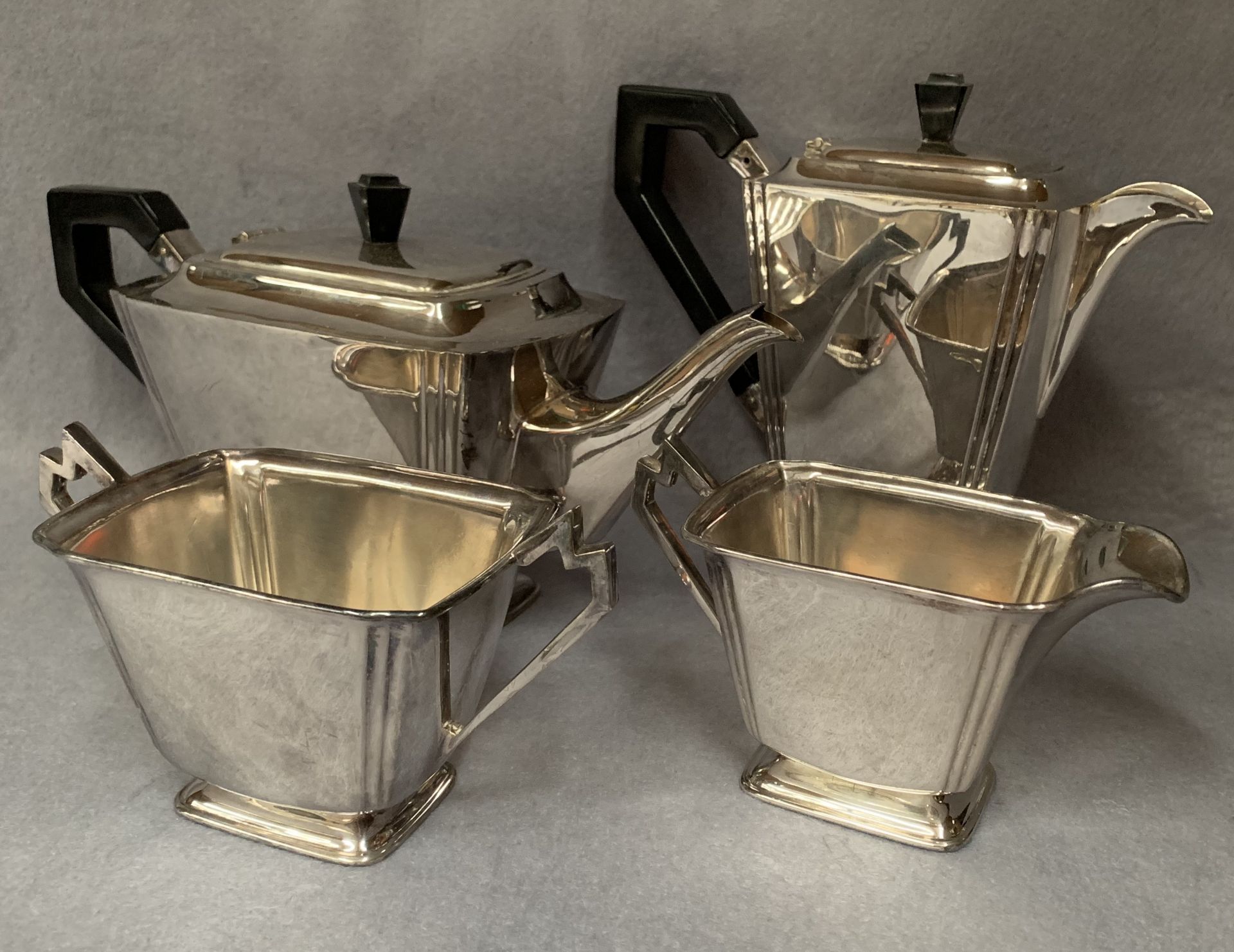 An Art Deco four piece tea service and other plated wares including coasters, teapots, flower tube, - Image 2 of 3
