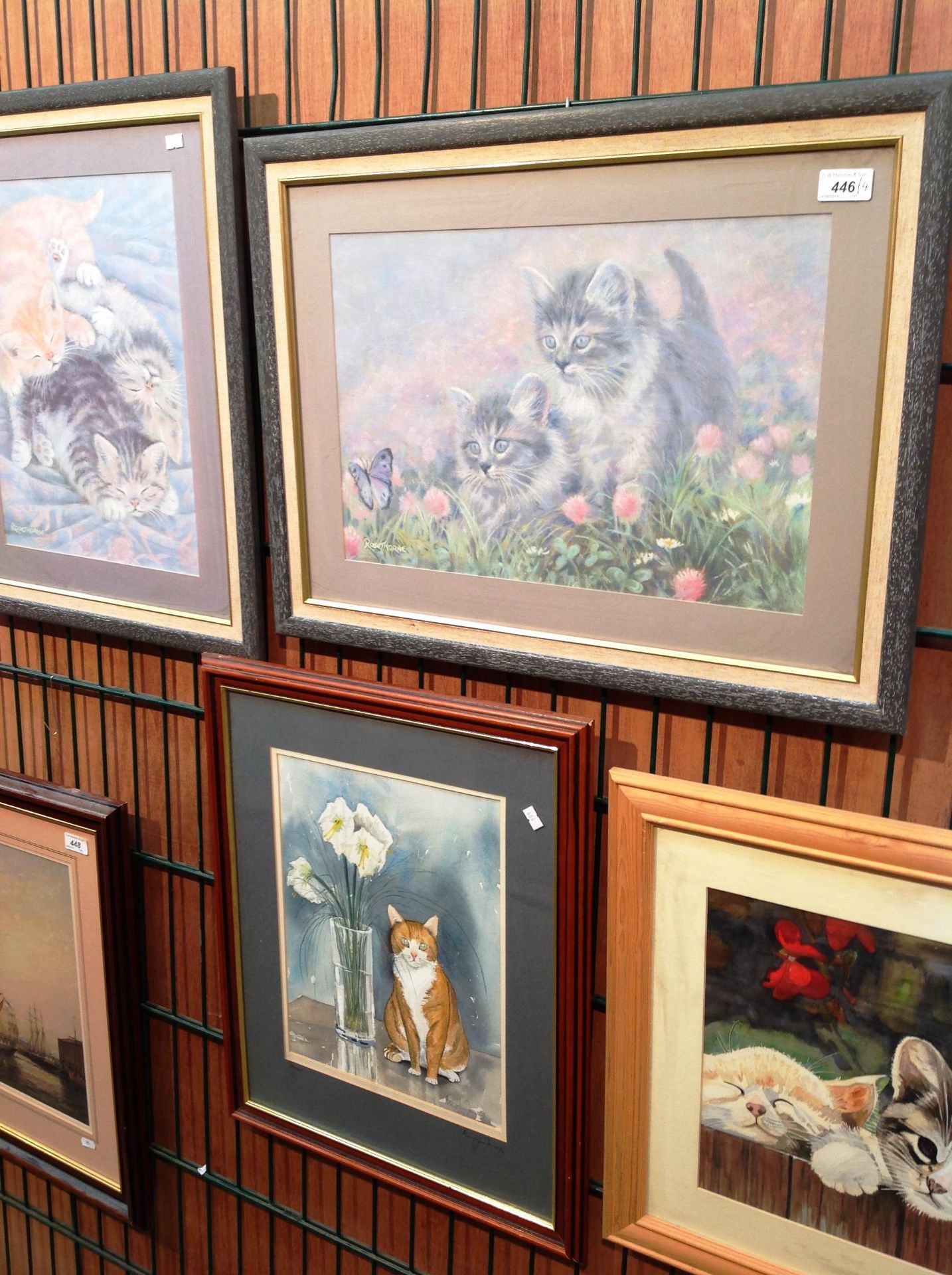 Four framed paintings and prints of cats including Michael John Farmer '93' 'Oliver' 36 x 27cm and