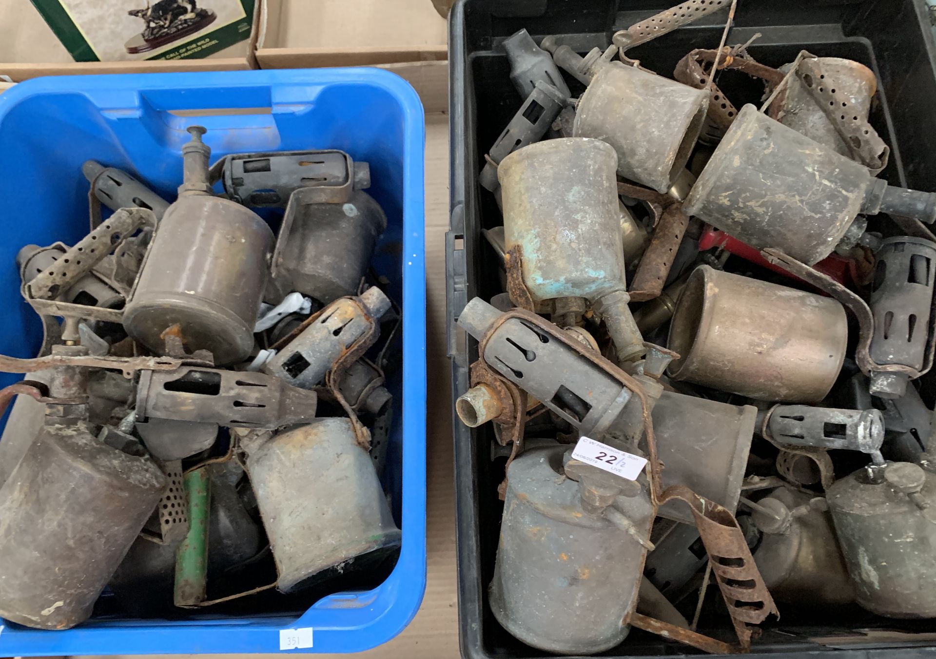 Contents to 2 plastic crates - a large collection of brass heat guns - many as viewed - Image 2 of 2