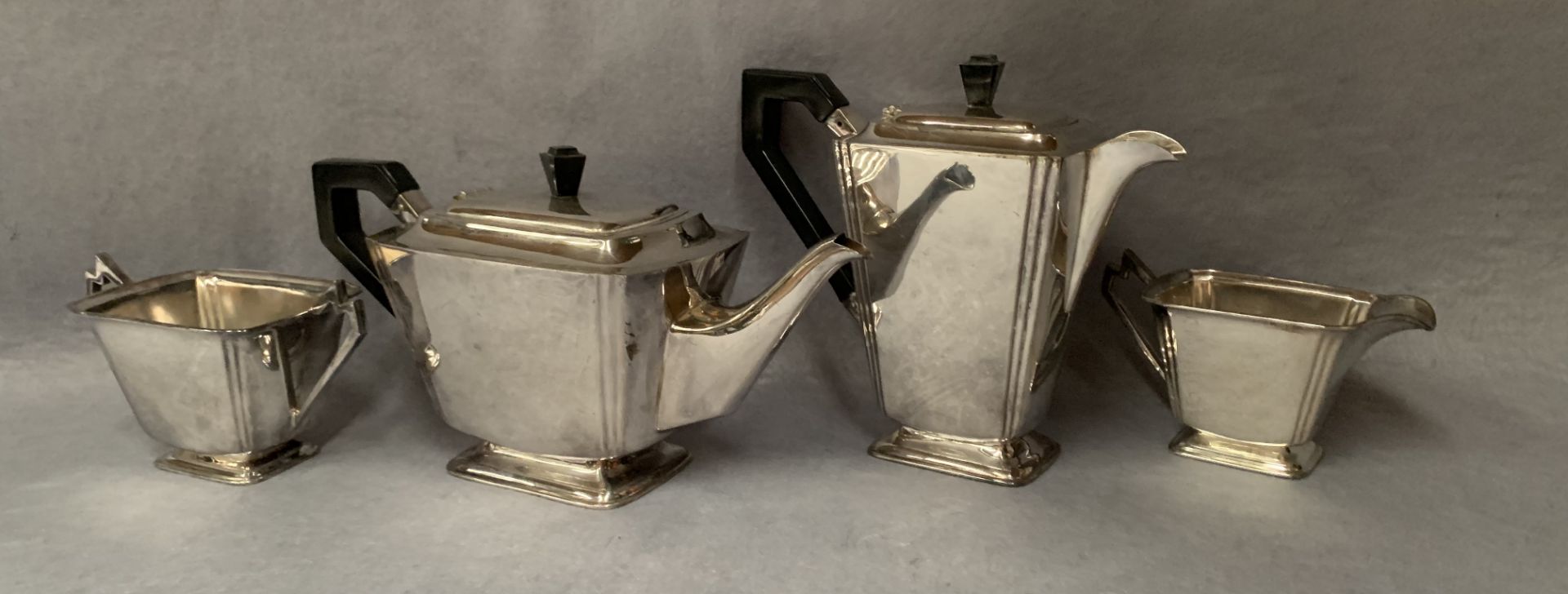 An Art Deco four piece tea service and other plated wares including coasters, teapots, flower tube, - Image 3 of 3