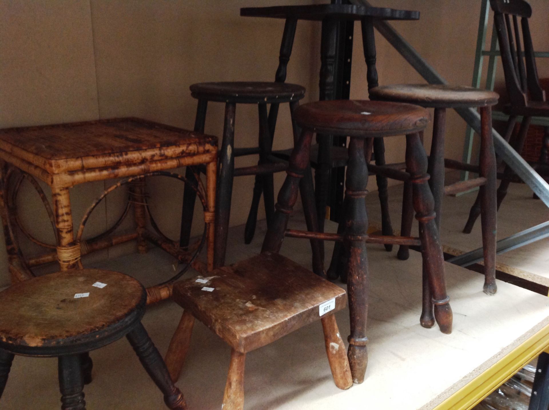 Seven items - various tables and stools