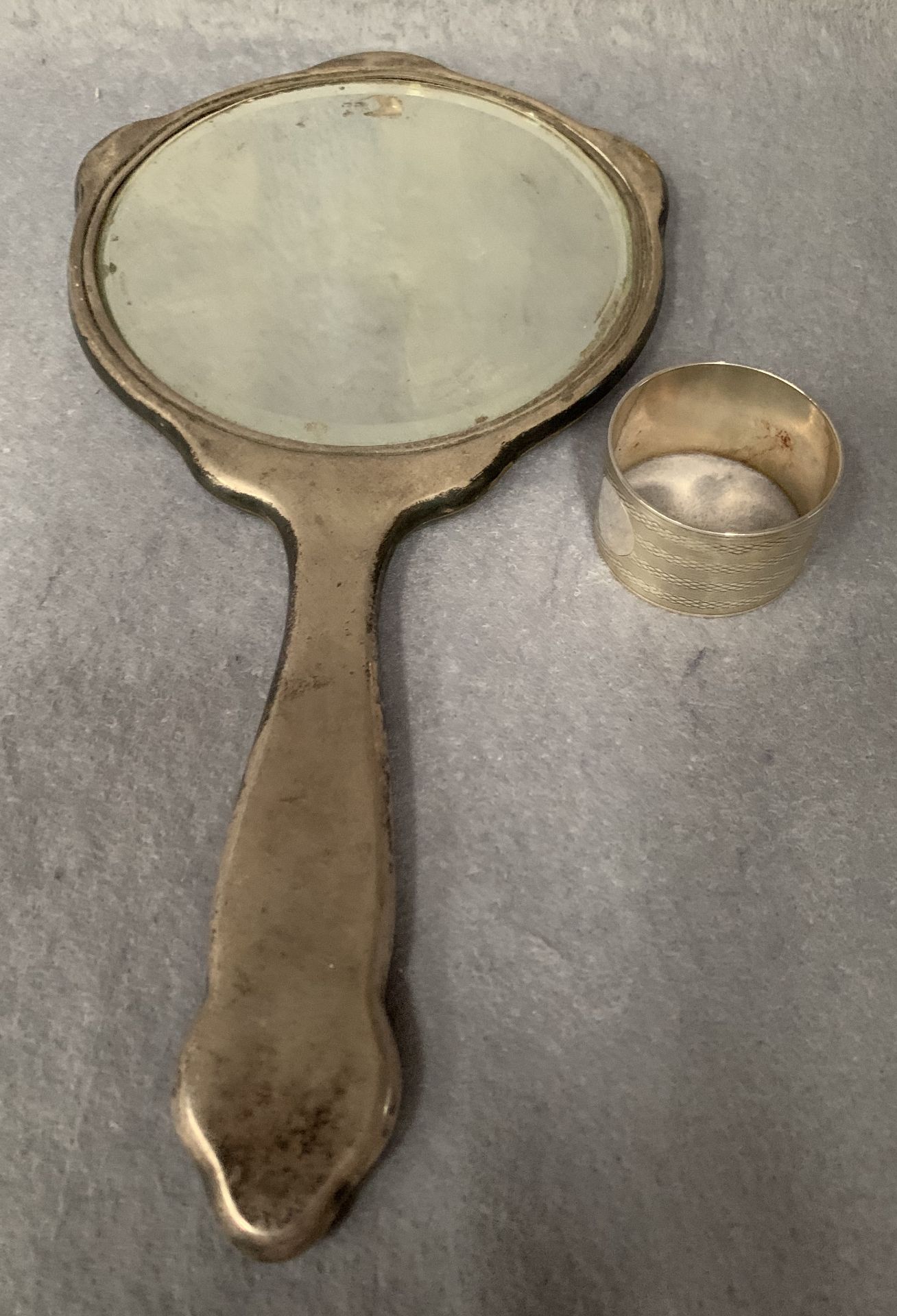 A silver mounted hand mirror, decorated with engine engraving, Birmingham 1919, - Image 3 of 4