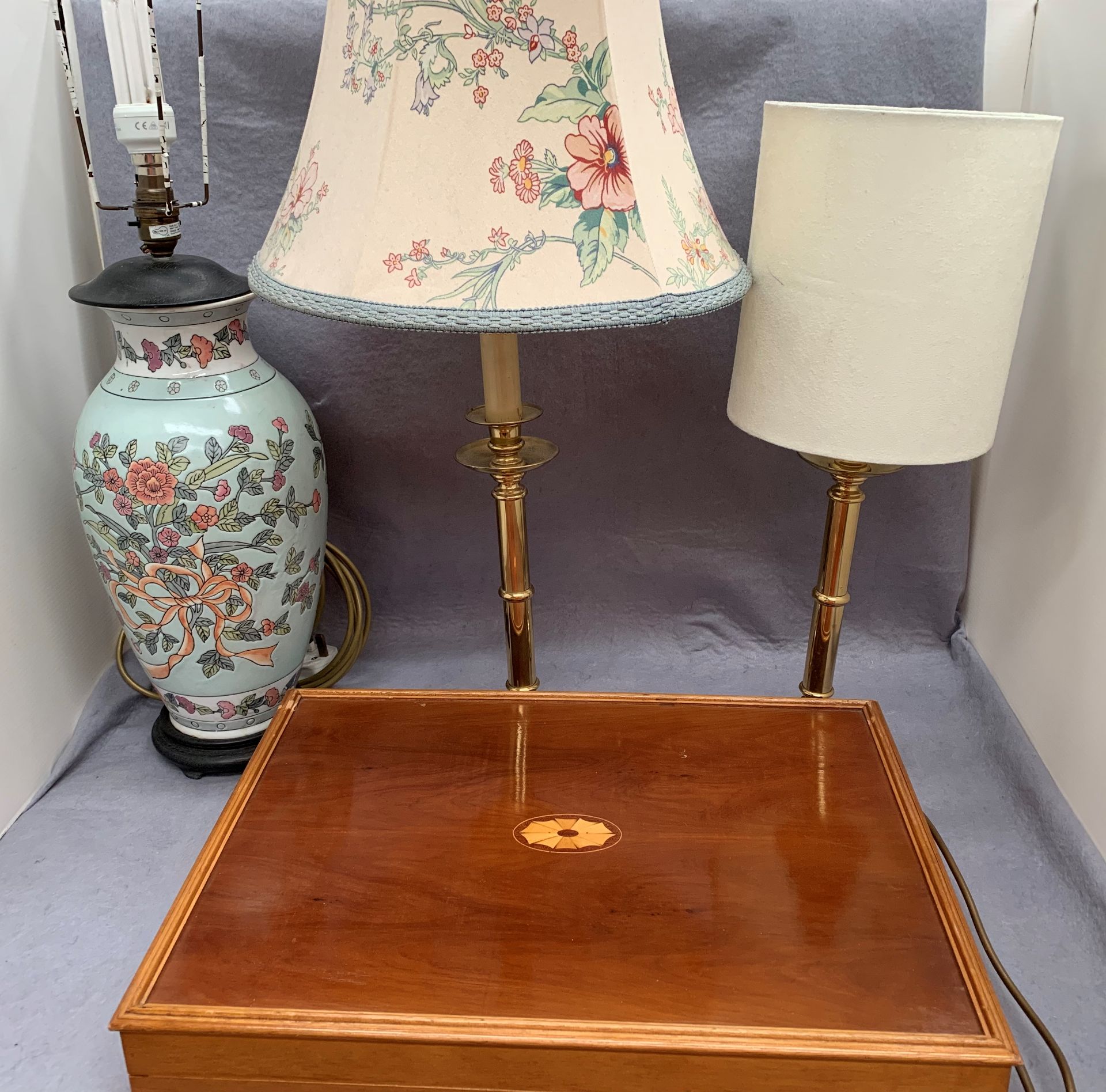 Two brass table lamps, pottery table lamp - failed earth test,