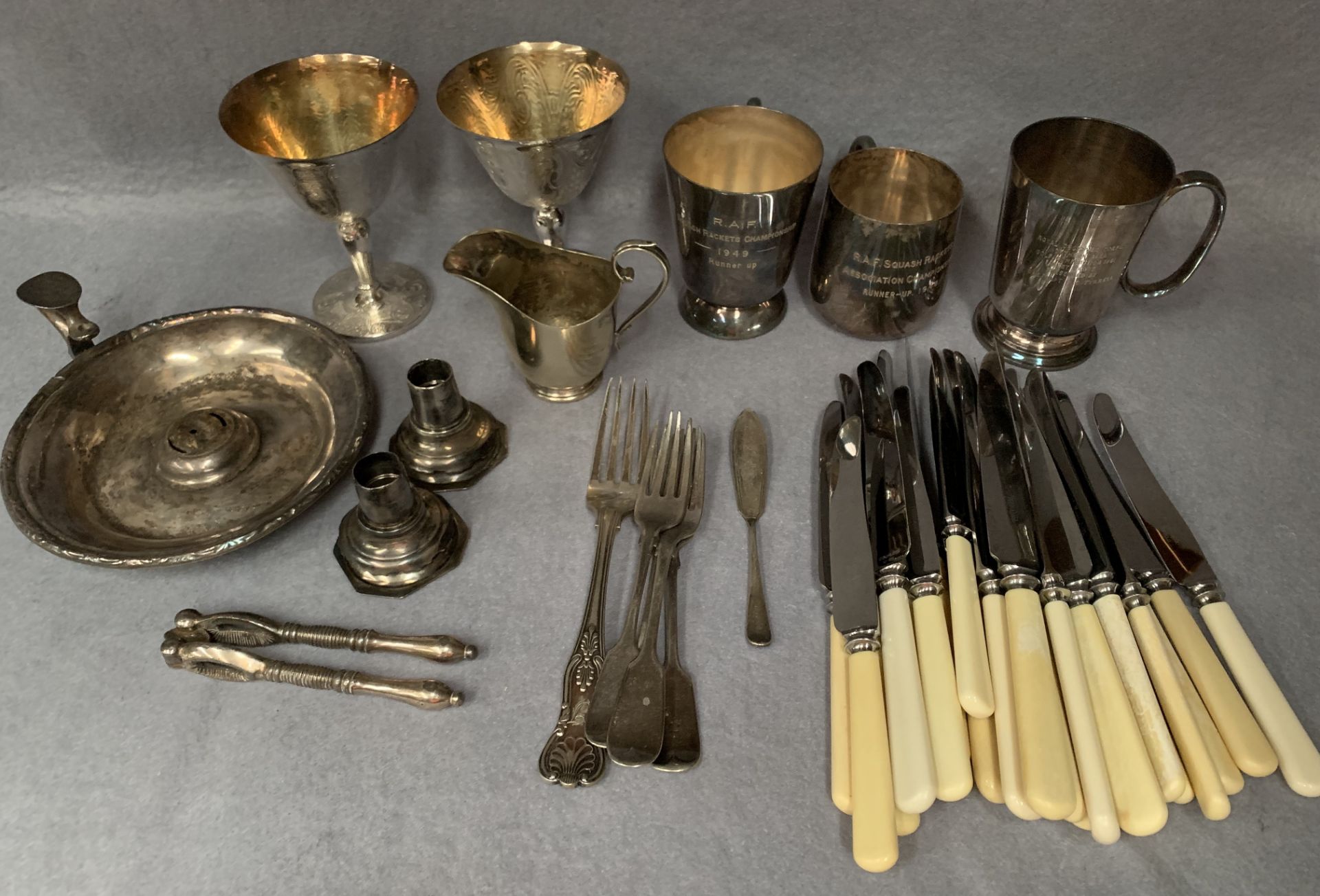 Plated wares including three prize tankards, pair of stem goblets,