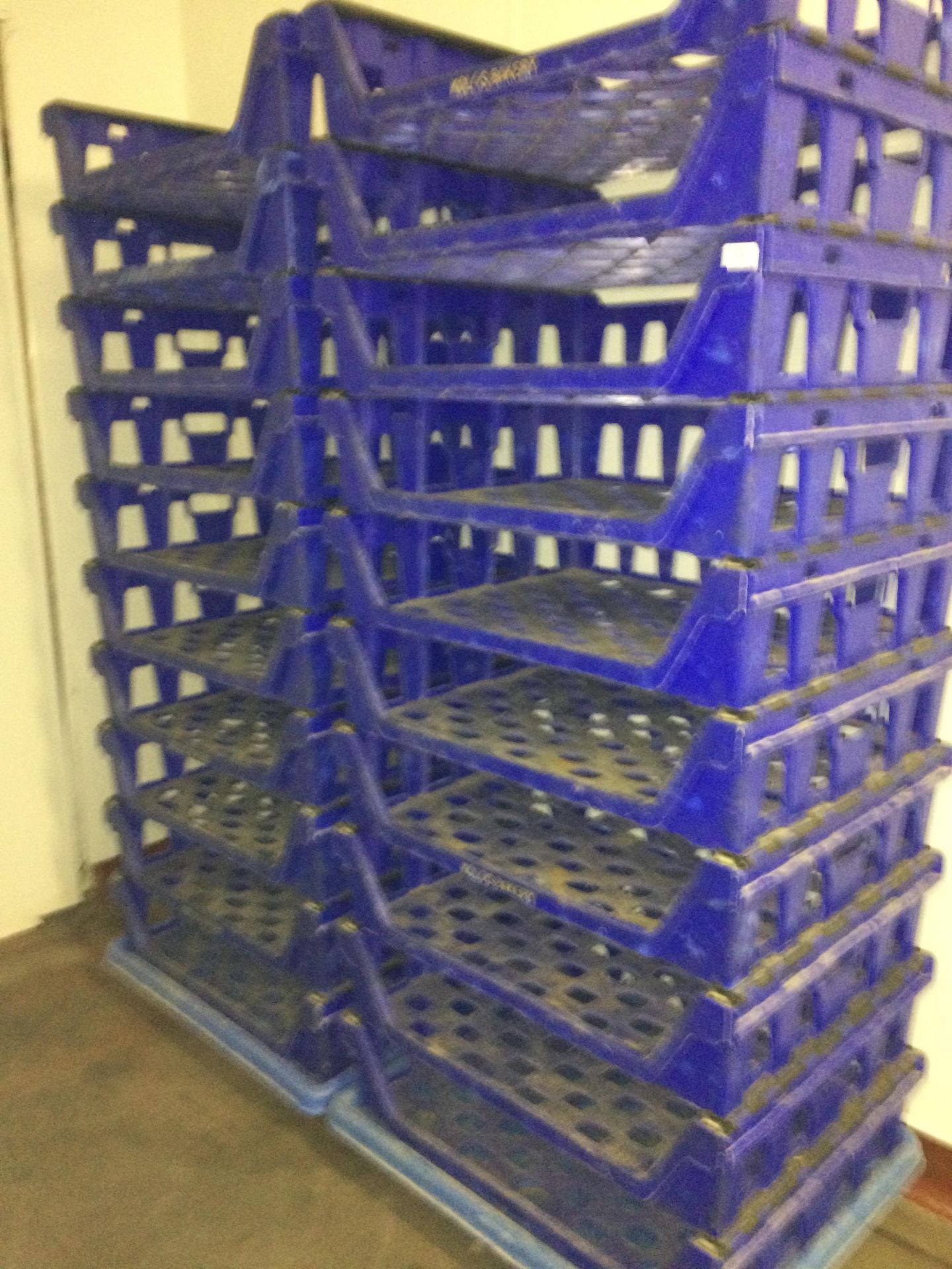 20 x blue plastic bakers trays on two mobile trollies - this lot is to be viewed and collected from
