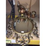 A gilt frame wall mirror, copper hunting horn, copper coal scuttle, copper kettle,
