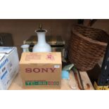Sony casette recorder, wicker basket trolley, suitcase, vase table lamps, walking stick,
