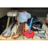 Small wood stool, Victorian iron, walking sticks, Christmas decorations, folding trolley bag,