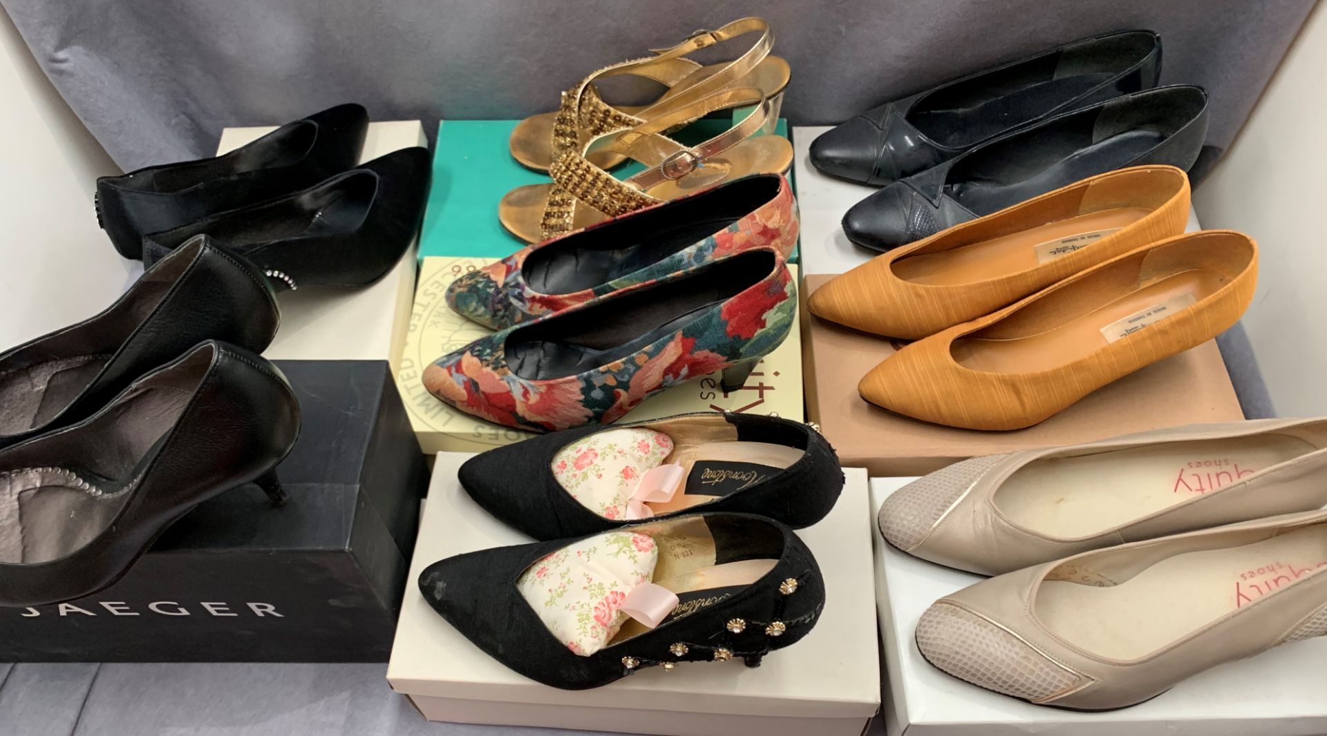 Ten pairs of ladies shoes boxed including Jaeger, Equity,