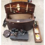 A wooden fishing tackle box with contents - reels, floats, fishing line,