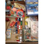 Contents to tray - jigsaw puzzles, loose model cars and animals, a vintage spinning top, marbles,