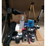 Pentax MZ-M camera, Pentax MTL50 camera, camera tripod stands, Kodak Brownie model 1 camera,