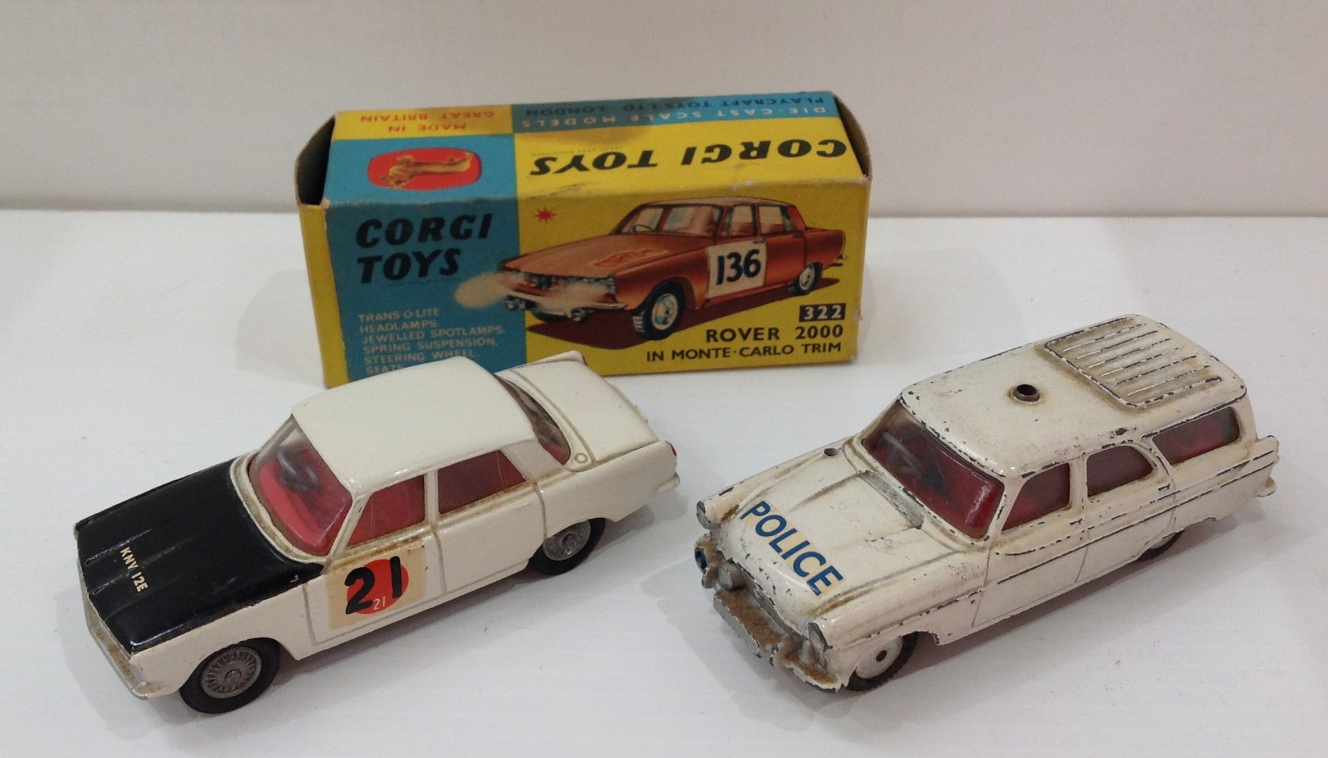 A Corgi Toys Rover 2000 die cast model car with a non-matching Rover 2000 Monte Carlo trim box and