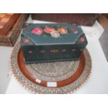 Inlaid circular tray and a floral painted jewellery box (2)