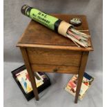 Oak sewing box on stand with lift up top and draw containing various sewing requisites together