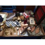 Contents to tray - pairs of brass candle sticks, wooden shoe stretchers, brass bell, sea shells,