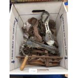 Contents to box - vintage roller skates, ice skates,