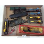 Contents to tray - Tri-ang model military railway stock - tank carrier, rocket launchers,