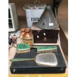 Two small stoneware jars, vintage metal bread bin, wooden box, dressing table, grooming set in case,