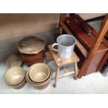 Wood stool, clothes dryer, brown fibre suitcase, salt glazed bread crock,