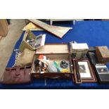 Brown leather satchel, students microscope, brown leather suitcase, cutlery, pewter tea pot,