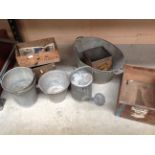 Guernsey Tomatoes and another box, two metal tins, galvanised bath,